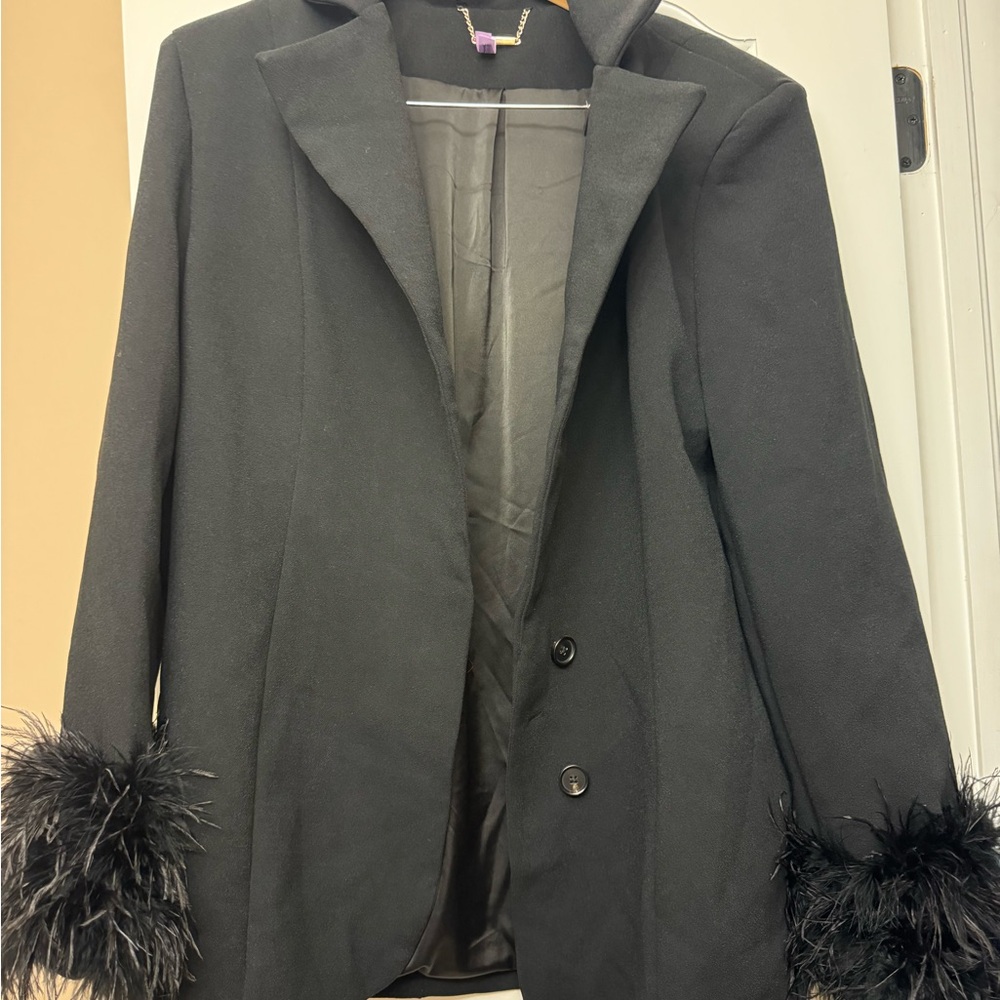 House of CB Black Blazer with Faux Fur Cuffs - Size M